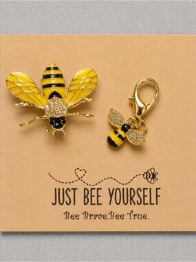 Gold Tone Yellow Bee Brooch and Charm Set